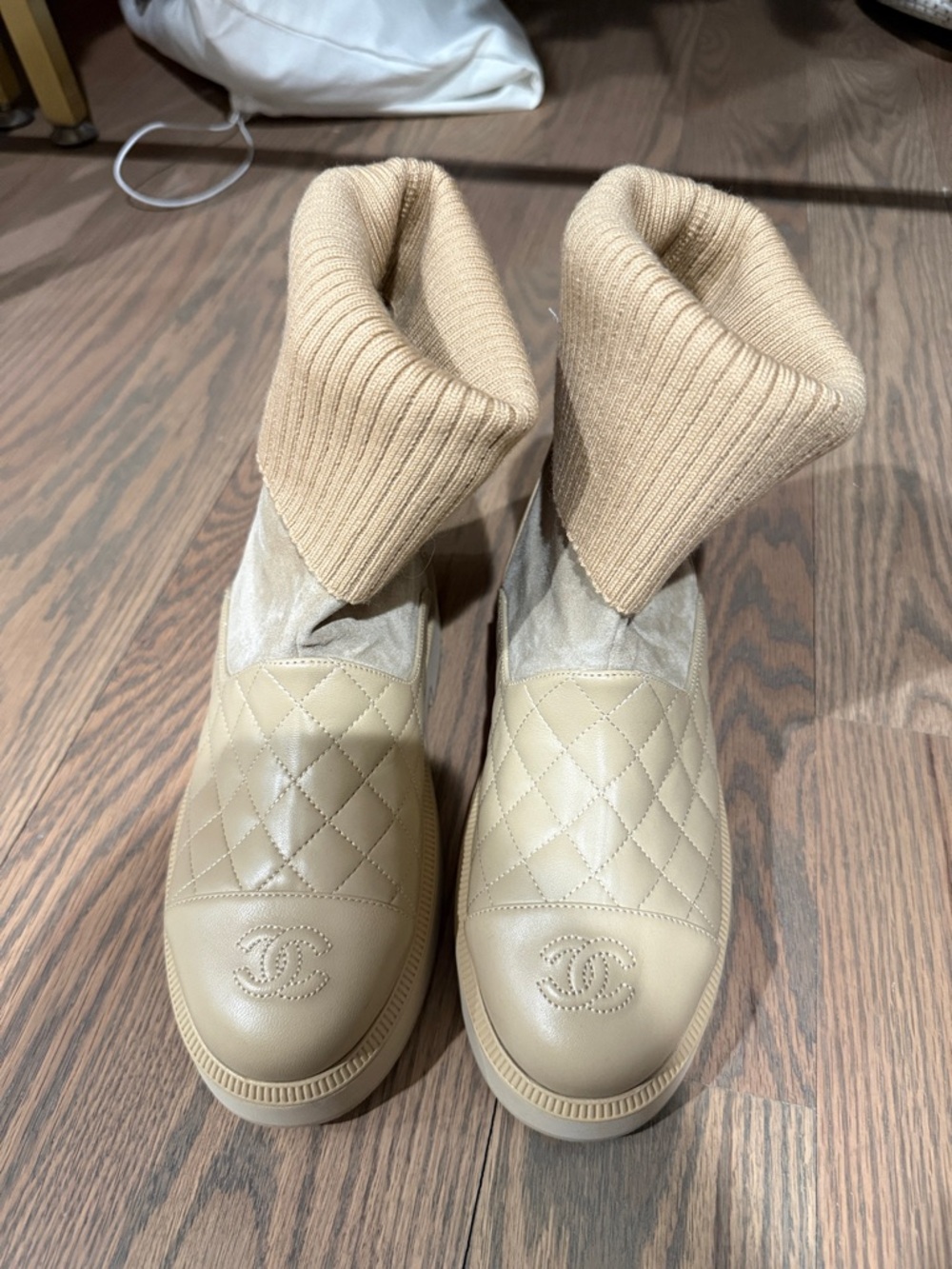 Chanel Quilted Beige Women's Ankle Boots with Knit Cuff